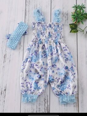 Blue and Purple Floral Smocked Romper with Lace Trim
